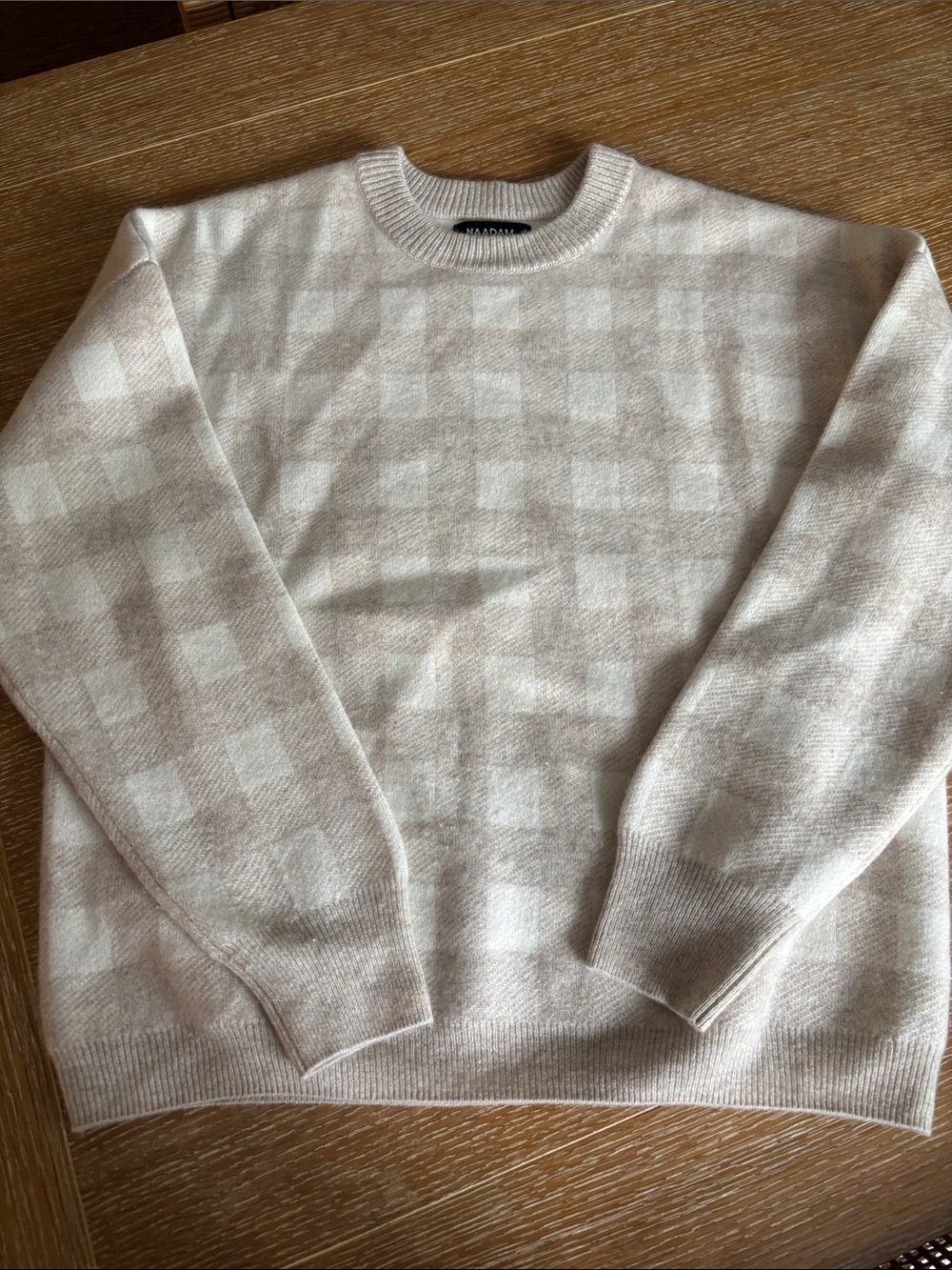 NAADAM Cashmere Cream and Beige Checked Crewneck Sweater